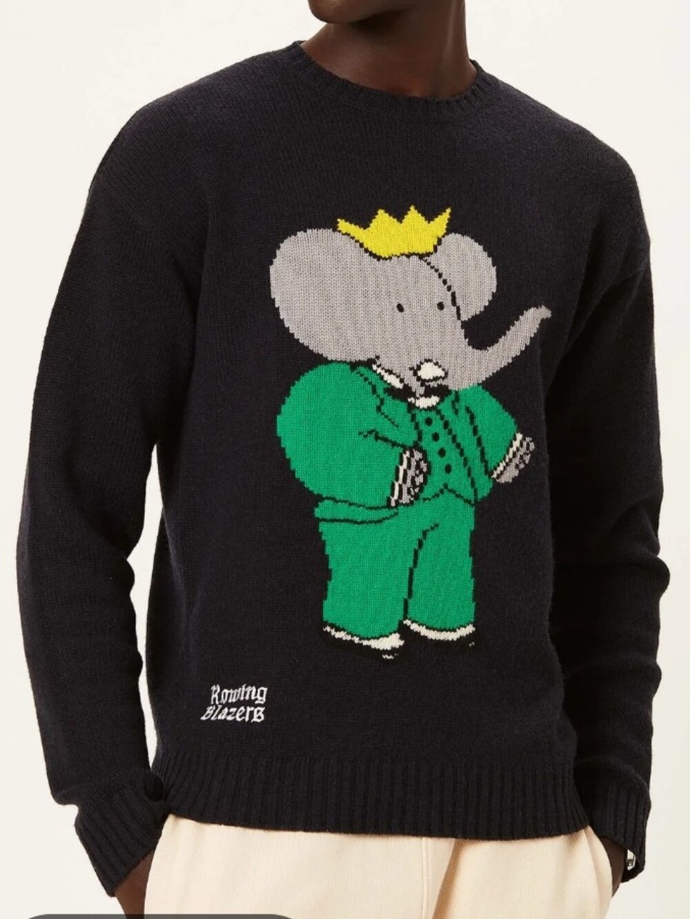 Rowing Blazers Navy Crewneck Sweater with Babar Elephant Graphic
